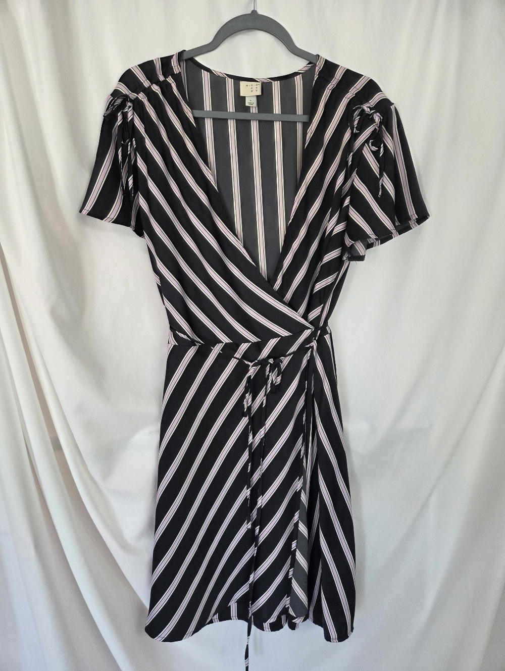 a new day Black/Pink/White Striped Wrap Summer Midi Dress Size L